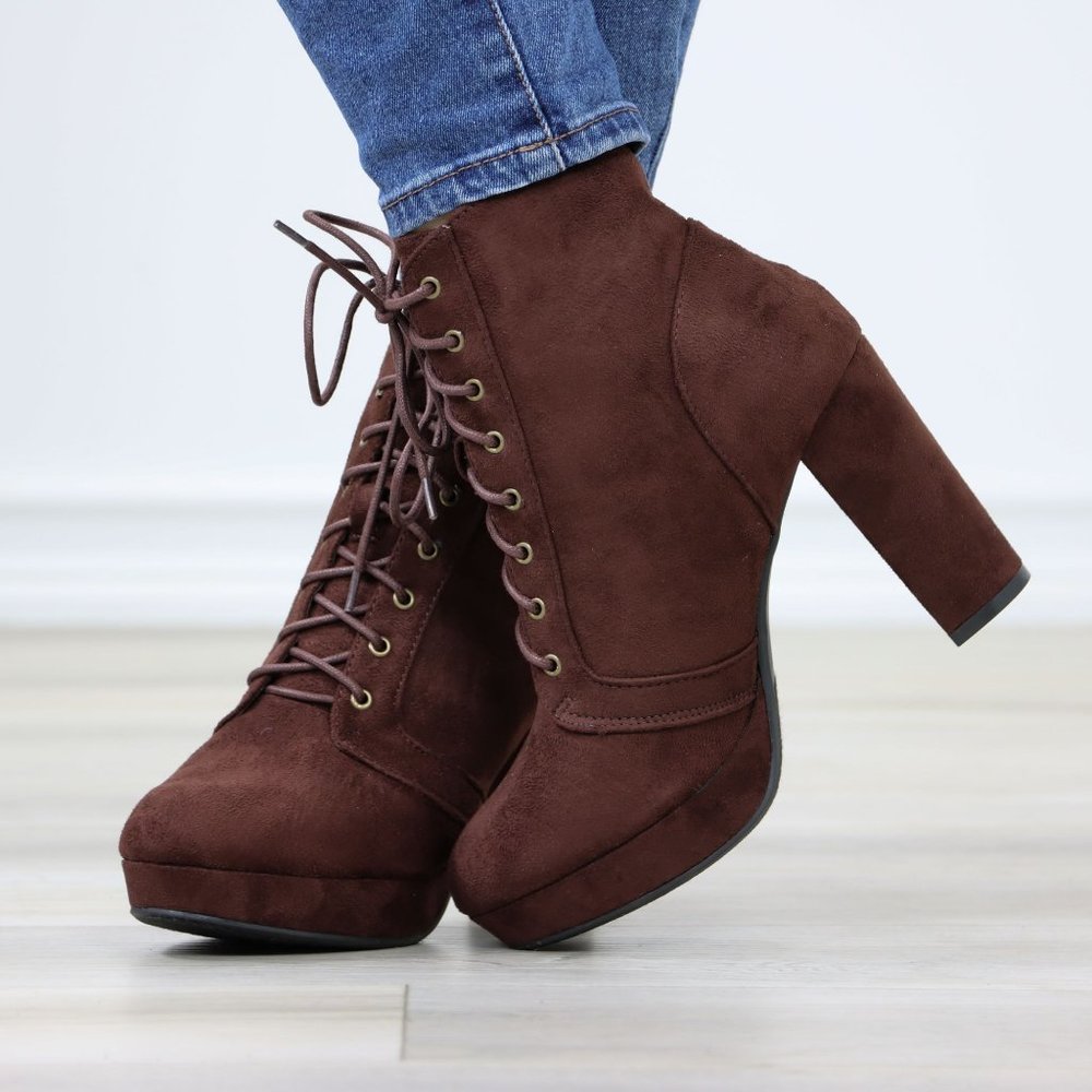 Brown Faux Suede Lace-Up Block High Heeled Platform Ankle Boots - Picture 7 of 11
